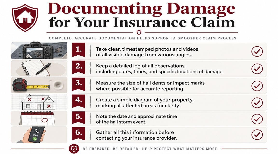 An infographic detailing six steps to document property damage for a successful insurance claim process.