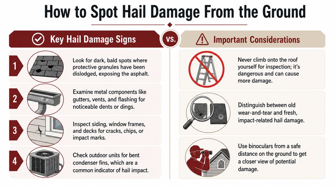An infographic showing four steps to spot hail damage on your home exterior and important safety considerations.