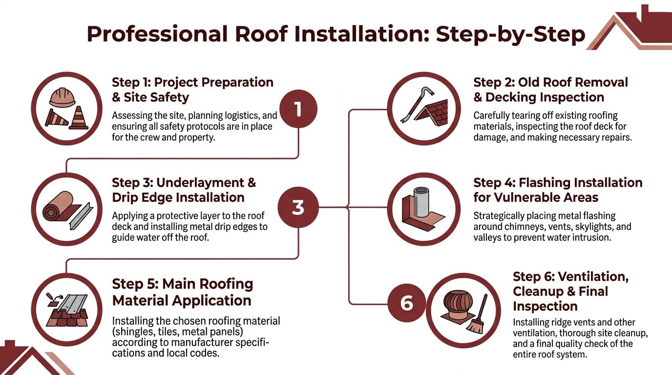 A professional step-by-step infographic illustrating the essential stages of a complete residential roof installation process.