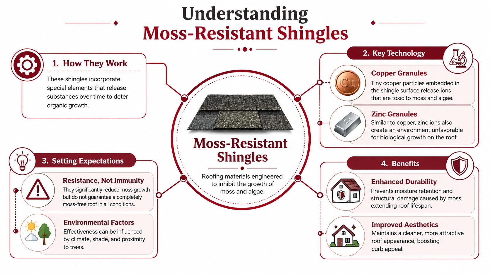 An infographic detailing how moss-resistant shingles use copper and zinc granules to prevent roof organic growth.