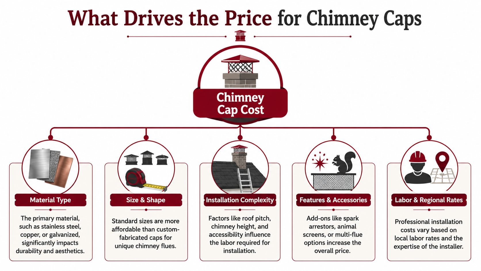 An infographic titled What Drives the Price for Chimney Caps explaining five key cost factors for homeowners.