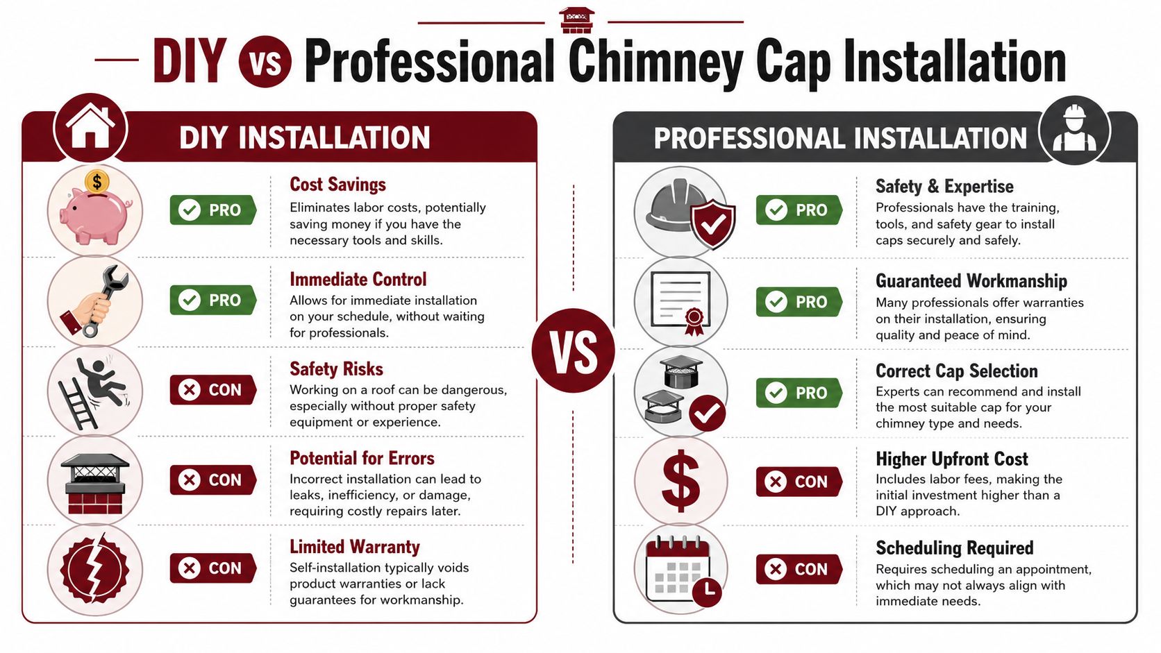 A comparison infographic showing the pros and cons of DIY versus professional chimney cap installation services.