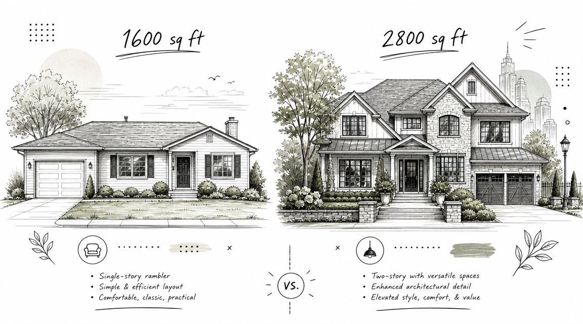 A comparison sketch of a 1600 square foot single-story house versus a 2800 square foot two-story home.