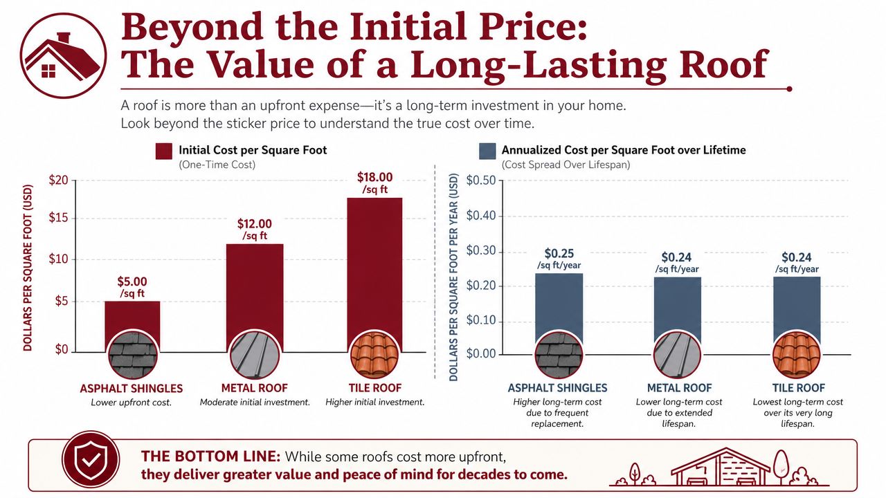 A comparison chart showing initial versus annualized lifetime costs for asphalt shingles, metal, and tile roofing.