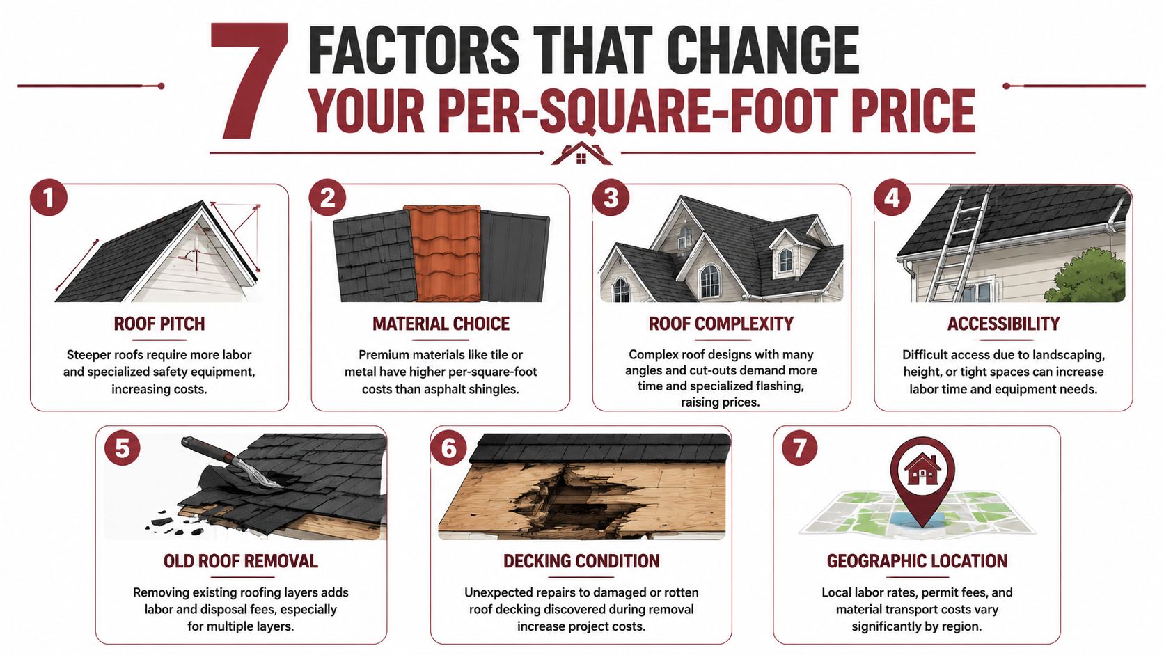 An infographic showing seven key factors that influence the per-square-foot cost of professional roofing replacement projects.