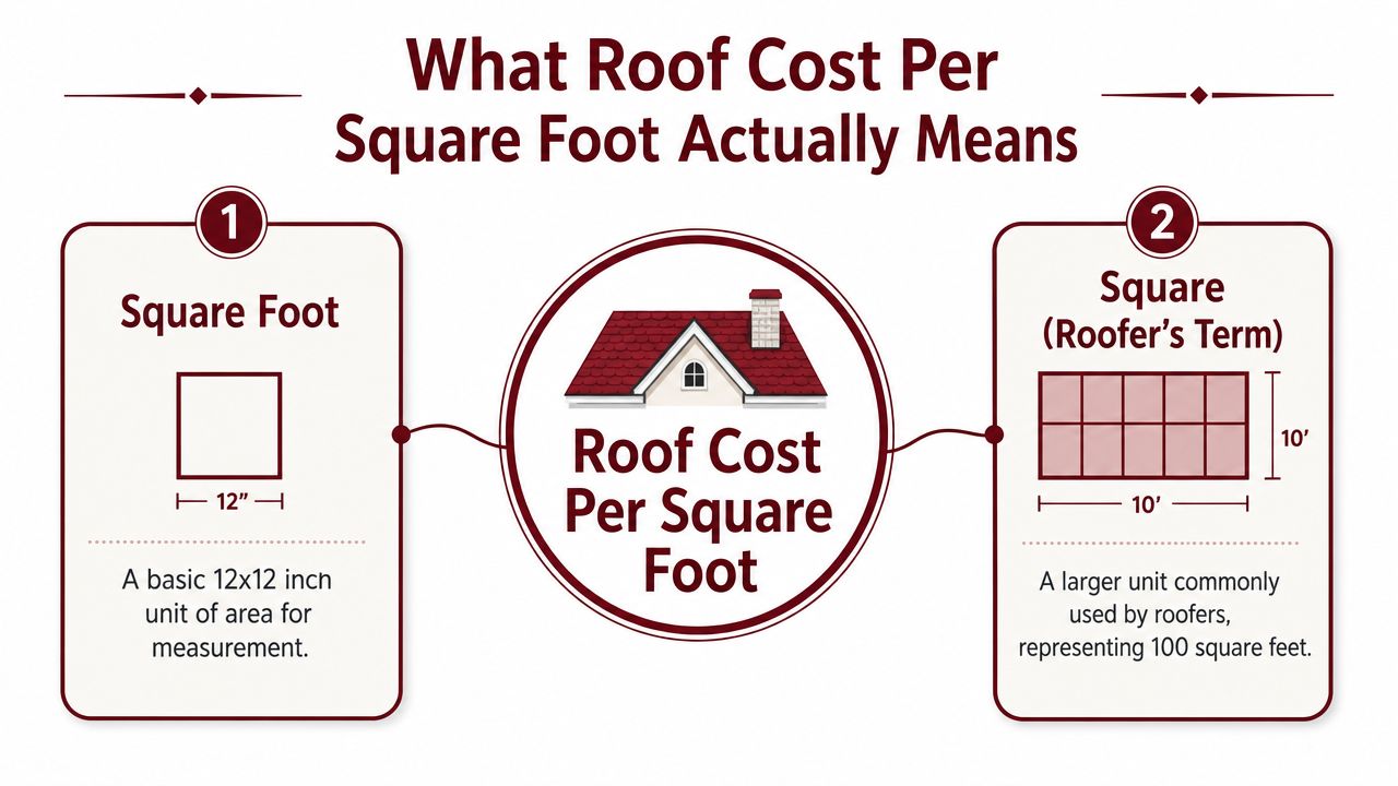 An infographic explaining the difference between a standard square foot and a roofer's square measurement unit.