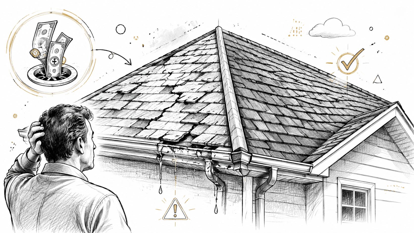A concerned homeowner looking at a damaged, leaking house roof representing costly repair or replacement decisions.