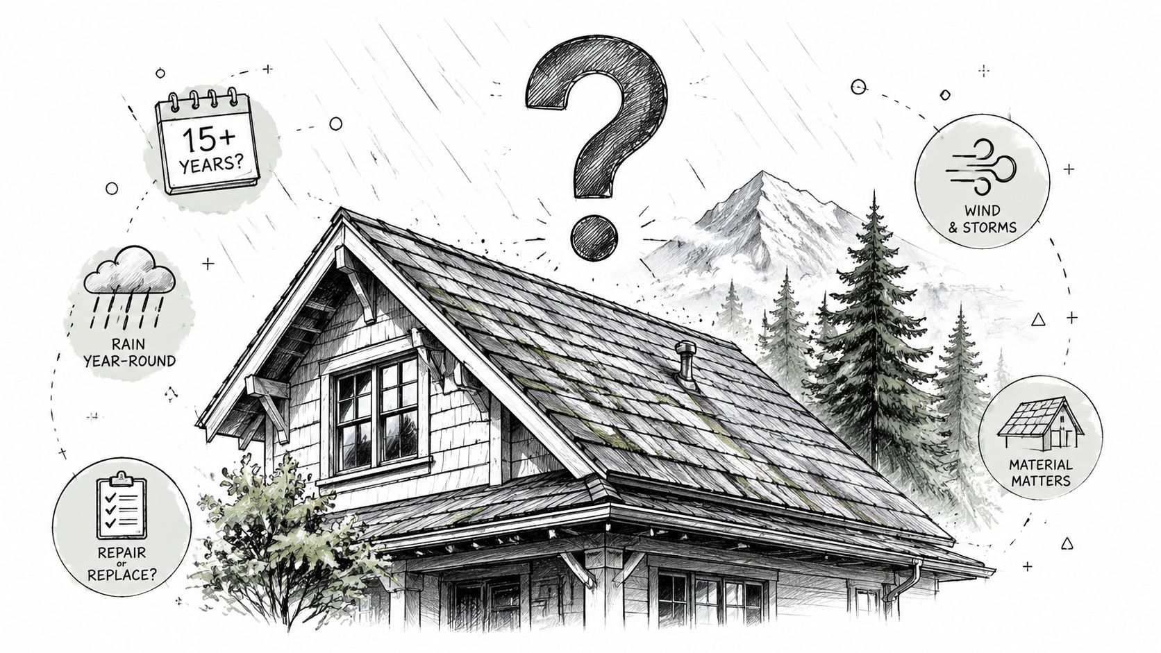 A hand-drawn sketch of a house with decision factors like age, weather, and material for roofing.