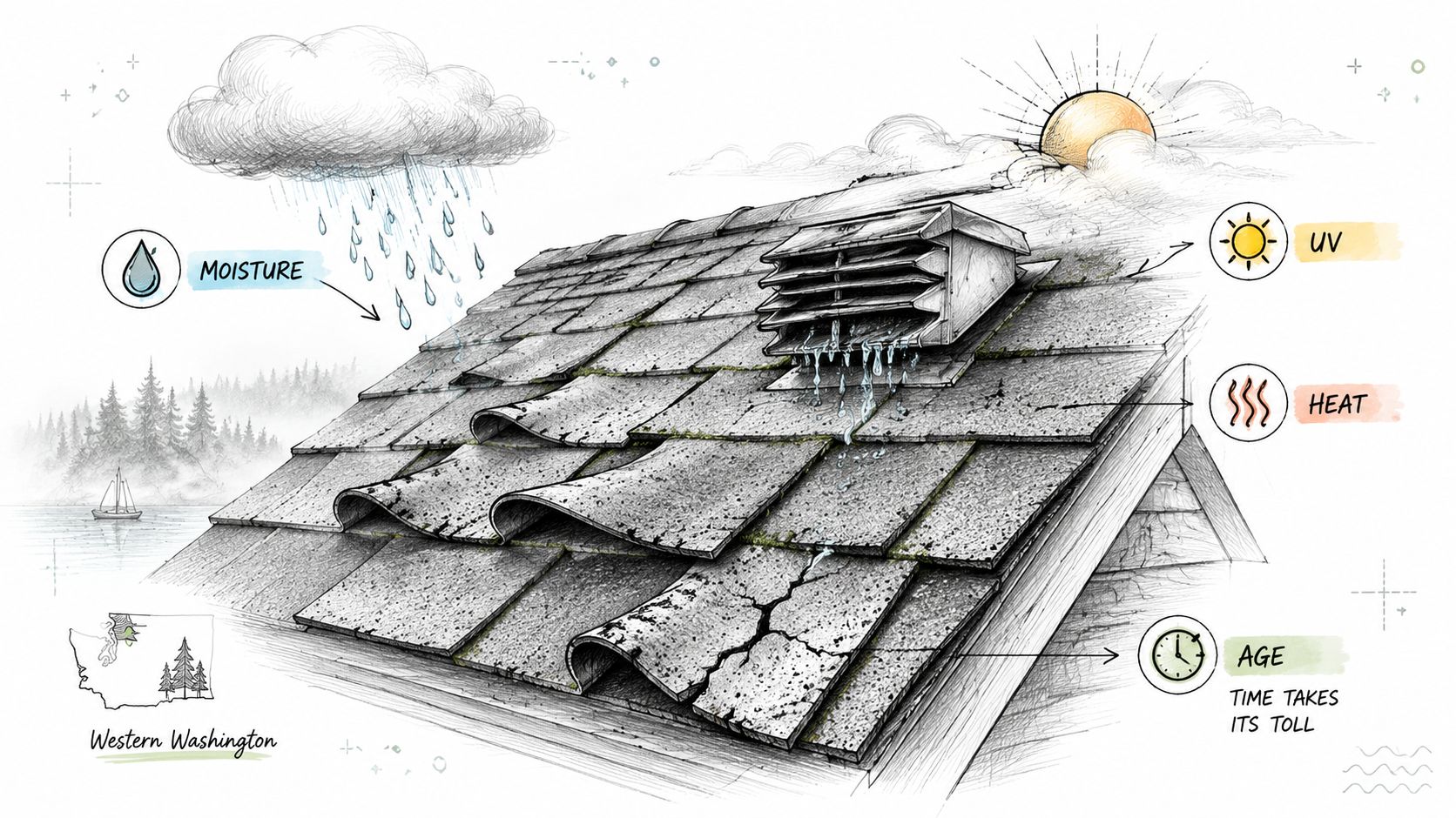 A pencil sketch illustration showing a damaged roof with curled shingles, moisture, UV, heat, and age factors.