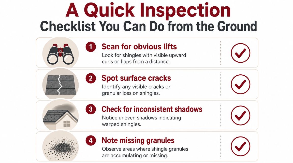 An infographic checklist for homeowners to perform a quick visual inspection of roof shingles from the ground.