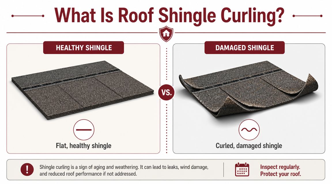 A comparison illustration showing a flat healthy roof shingle next to a curled damaged roof shingle.