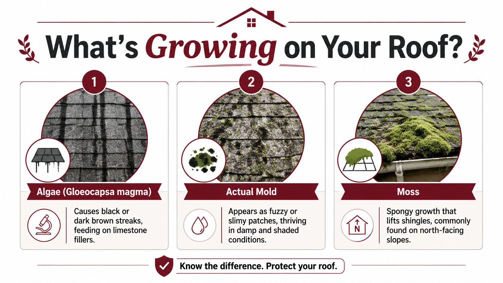 An infographic showing the differences between algae, mold, and moss growth on residential roof shingles.