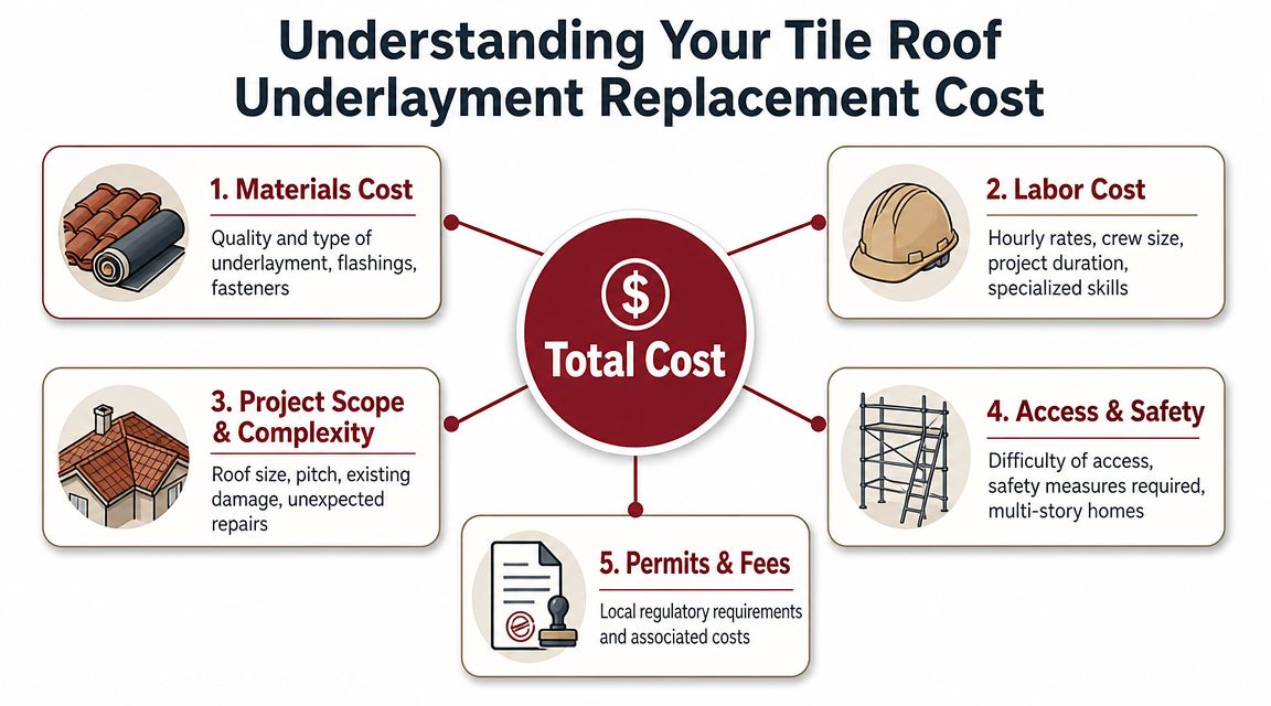 An infographic showing five key factors that influence the total cost of tile roof underlayment replacement services.