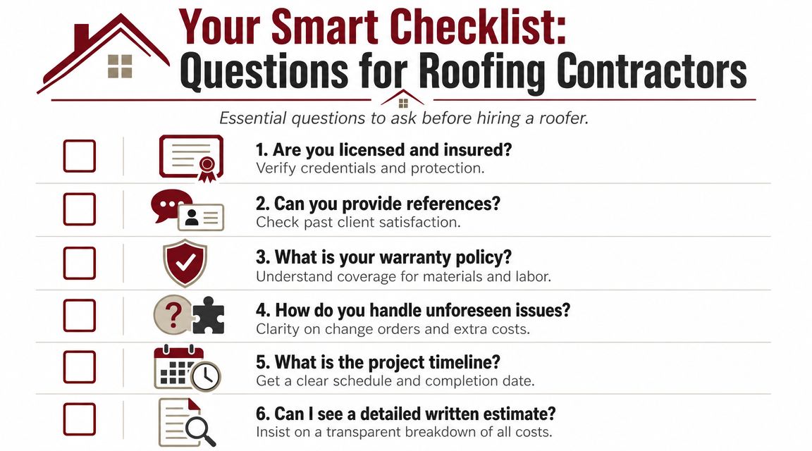A checklist of six essential questions for homeowners to ask before hiring a professional roofing contractor.