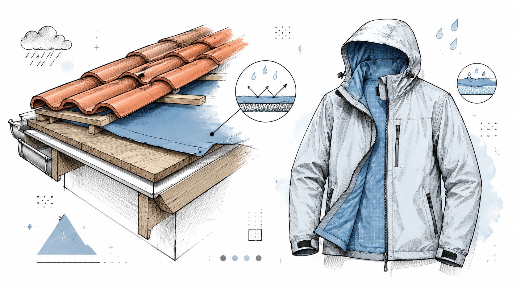 A diagram comparing roof underlayment materials with a waterproof outdoor jacket, illustrating moisture protection properties.
