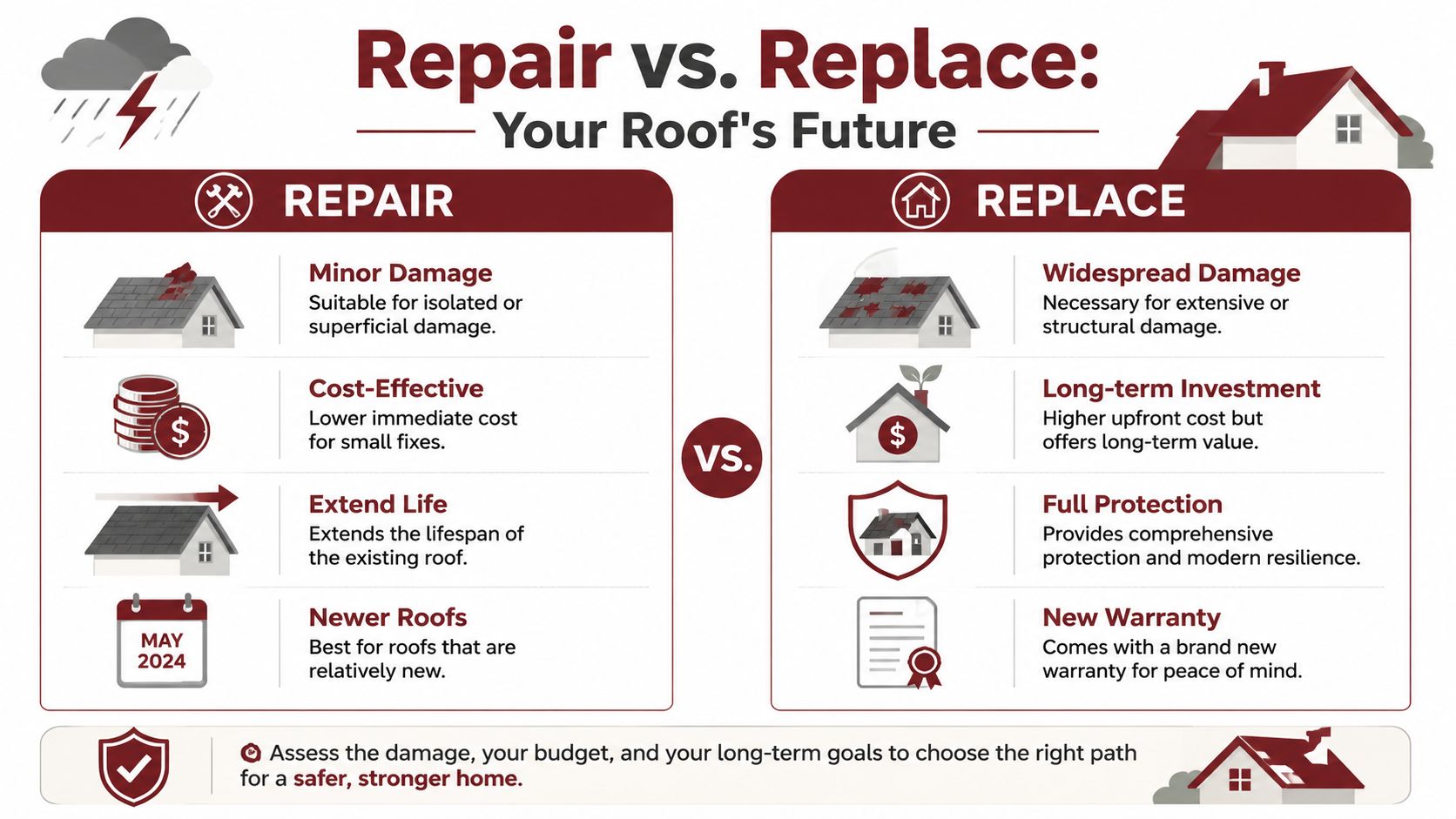 A comparative infographic highlighting the key factors to consider when choosing between roof repair or complete replacement.